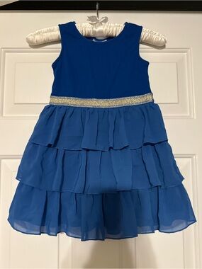 Hanna Andersson Royal Blue Tiered Ruffle Dress Gold Trim Size 5 / 110cm